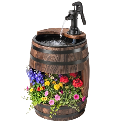 Outsunny 23" H Outdoor Water Fountain Wood and Plastic Rustic Apple Barrel Pump Garden Decor for Outside Backyard