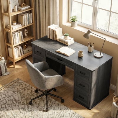 HOMCOM 55" Computer Desk with 7 Drawers, Farmhouse Executive Desk for Home Office, Study, Bedroom, Black Wood Grain