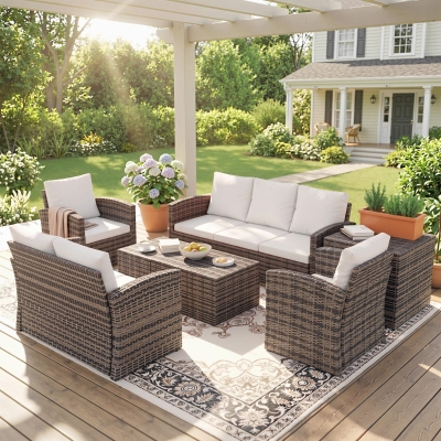 Outsunny 6 Pieces Wicker Patio Furniture Set with Cushions, 7-Seater Rattan Patio Sofa Set with Storage Table, Cream White