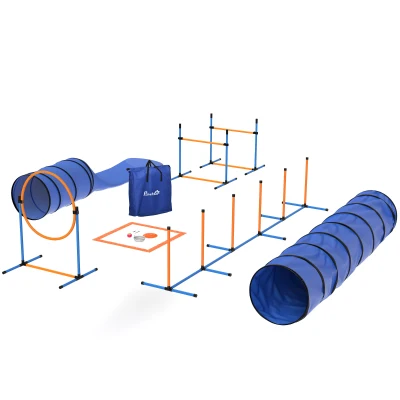 PawHut 13-Piece Dog Agility Training Equipment Set, Pet Obstacle Course with 2 Tunnels, Adjustable Jumps, Orange Blue