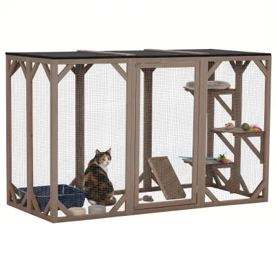 PawHut 71"L Catio Outdoor Cat Enclosure, Indoor Cat Cage, Pet House, Small Animal Hutch for 1-2 Rabbit, Kitten, Kitty Crate Kennel w/ Waterproof Roof, Multi-Level Platforms, Brown