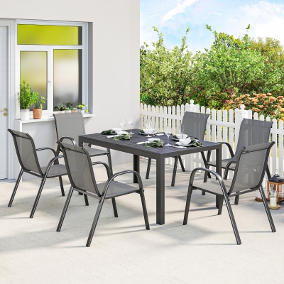 Outsunny 7 Pieces Outdoor Dining Set for 6, Patio Furniture Set with Rectangular Patio Table and Stackable Chairs, Light Grey