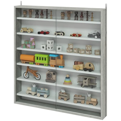 HOMCOM 7-Tier Display Cabinet, Shot Glass Display Case, Glass Curio Cabinet with 2 Glass Doors and 6 Adjustable Shelves, Grey
