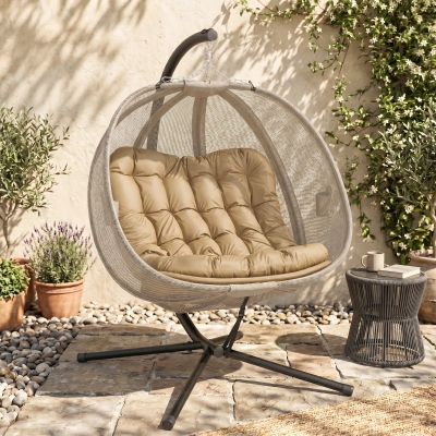 Outsunny Double Egg Chair with Stand, 2 Person Hanging Swing Egg Chair with Cushion, Pockets, Khaki