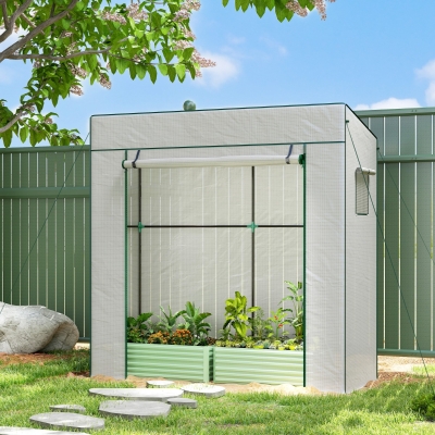 Outsunny Walk-in Tomato Greenhouse Lean-to Green House with Reinforced PE Cover, Roll-up Door, Mesh Windows, White