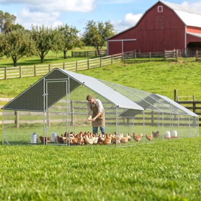 PawHut Metal Chicken Coop with Water- and UV-Protection Cover for Backyard Hen, Duck, Rabbit, 32.8' x 9.8' x 6.4'