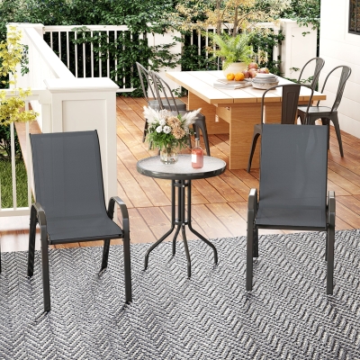 Outsunny 3 Pieces Bistro Set, Small Patio Furniture Set with Stackable Mesh Chairs, Glass Table for Garden, Balcony, Dark Grey