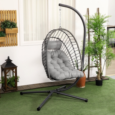 Outsunny Hanging Egg Chair with Stand, Foldable Wicker Rattan Swing Chair with Thick Cushion, Light Grey