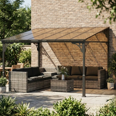 Outsunny 11' x 10' Outdoor Pergola, Wall Mounted Hardtop Lean-to Gazebo with Polycarbonate Roof and Metal-Aluminium Frame