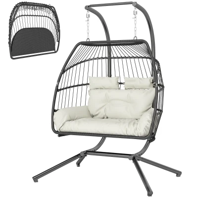 Outsunny Double Wicker Egg Swing Chair with Stand, Foldable Hanging Egg Chair with UV Resistant Cushion, Headrest, Cream White