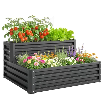 Outsunny 2 Tier Raised Garden Bed, 47" x 40" x 23" Galvanized Steel Planter Box for Vegetables, Flowers, and Herbs, Dark Grey