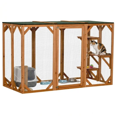 PawHut 71"L Catio Outdoor Cat Enclosure, Indoor Cat Cage, Pet House, Small Animal Hutch for 1-2 Rabbit, Kitten, Kitty Crate Kennel w/ Waterproof Roof, Multi-Level Platforms, Orange