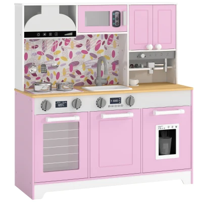 Qaba Play Kitchen, Kids Kitchen Playset with Coffee Maker, Ice Maker, Clicking Knobs, Storage, Accessories for 3-8 Years