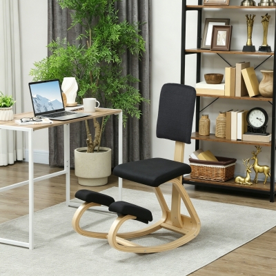 HOMCOM Ergonomic Kneeling Chair, Rocking Wood Kneel Stool with Backrest for Improve Posture, Back Pain, Black