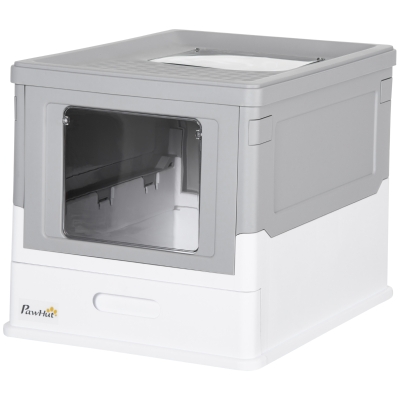 PawHut Top Entry Enclosed Kitty Litter Box with Scoop, Tray, Front Entry, Large Space, Foldable, Portable, Grey