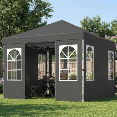 Outsunny 9.6 x 9.6 ft Pop Up Canopy Tent with 4 Sidewalls, UPF 50+ 1-Button Push Easy Setup Outdoor Instant Canopy, Dark Grey