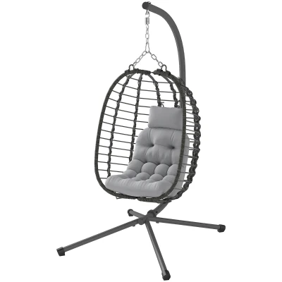 Outsunny Hanging Egg Chair with Stand, Foldable Wicker Rattan Swing Chair with Thick Cushion, Headrest, Light Grey