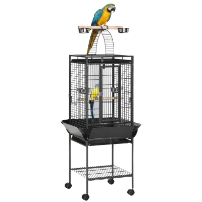 PawHut 61.5 Inch Bird Cage Parakeet House for Cockatiel with Stand, Pull Out Tray, Play Top, Storage Shelf, Wood Perch, Food Container