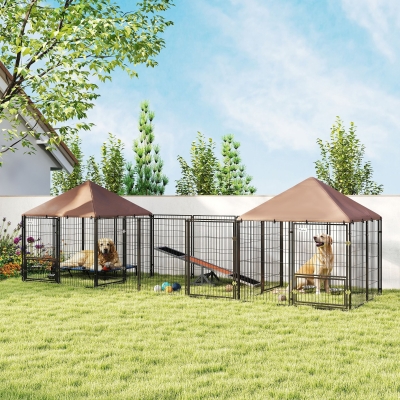 PawHut Outdoor Dog Kennel with 2 Rooms, Rotating & Adjustable Height Bowls, Waterproof UV-Resistant Cover, 16.2' x 4.7' x 5.1'
