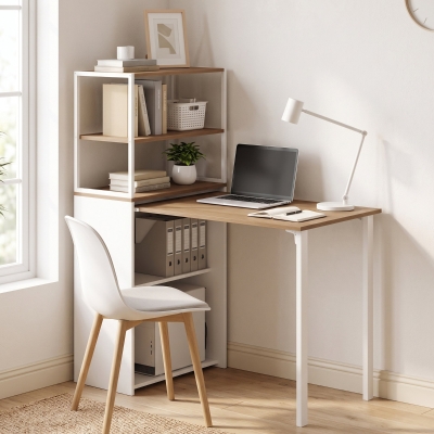 HOMCOM Folding Computer Desk with 4-Tier Bookshelf Space-Saving Home Office Desk, Natural