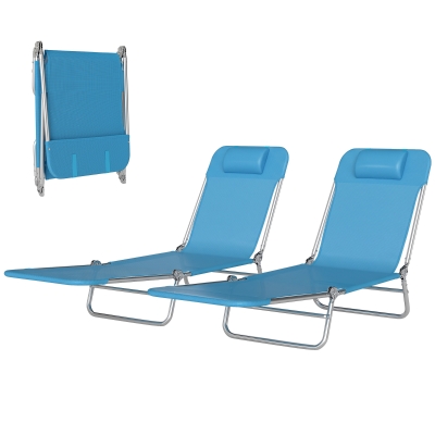 Outsunny Set of 2 Folding Chaise Lounge Chairs, Outdoor Poolside Sun Tanning Chairs w/ Pillow, Reclining Backrest, Blue