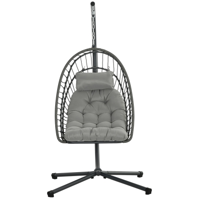 Outsunny Hanging Egg Chair with Stand, Foldable Wicker Rattan Swing Chair with Thick Cushion, Light Grey