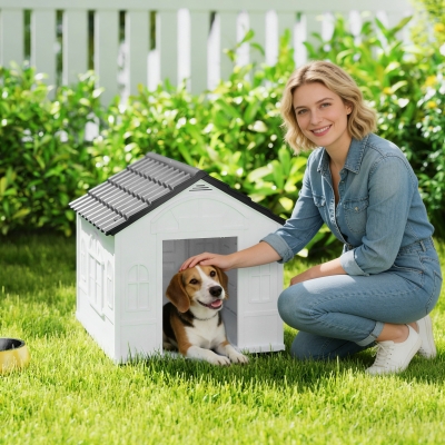 PawHut 26" Plastic Dog House Outdoor with Air Vents, for Small Medium Dogs, Grey