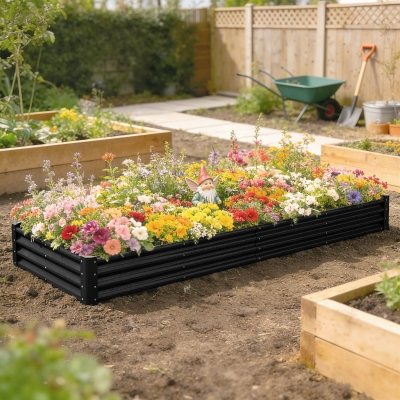Outsunny 12 x 4 x 1ft Galvanized Raised Garden Bed, Reinforced Outdoor Planter Box with Open Bottom, Black