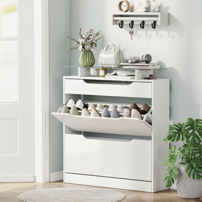 HOMCOM High Gloss Shoe Cabinet with 2 Flip Drawers and Adjustable Shelves, Narrow Shoe Storage Cabinet with Glass Top, White