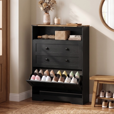 HOMCOM Shoe Cabinet with 2 Flip Drawers, Narrow Shoe Storage Cabinet, Black