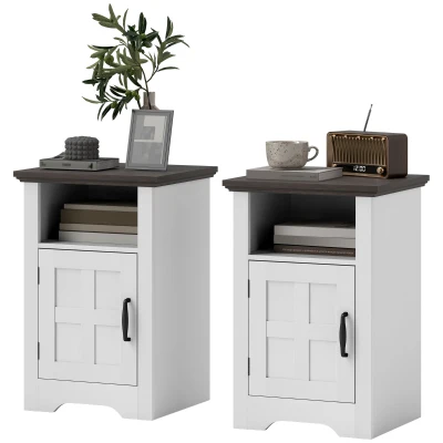 HOMCOM Set of 2 Side Tables with Barn Door and Open Shelf, Farmhouse End Tables with Cabinet, Nightstands for Living Room