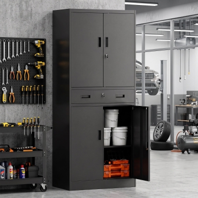 HOMCOM Metal Storage Cabinet with Locking Doors and Drawer,  71" Tall Lockable Garage Storage Cabinet with Adjustable Shelves