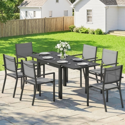 Outsunny 7 Pieces Outdoor Dining Set, Aluminum Patio Table and Chairs Set for 6 with Extendable Tabletop and Stackable Chairs