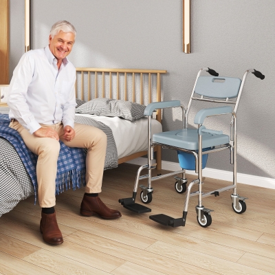 HOMCOM Rolling Shower Chair, Bedside Commode Chair with Wheels, Backrest, Arms, Flip Footrests for Seniors, Disabled, Grey