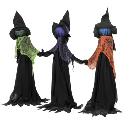 HOMCOM 48" Holding Hands Witch Trio Stake Halloween Yard Decoration, Halloween Witch Decor with Multicolored Light-Up Heads