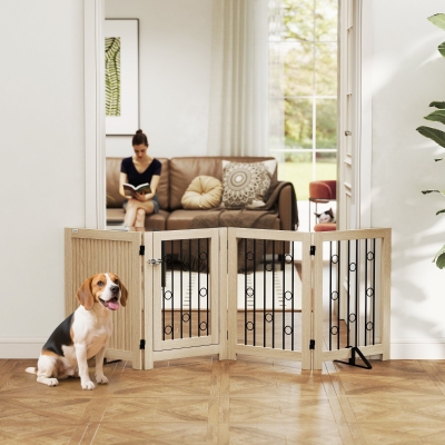 PawHut reestanding Dog Gate, Wooden Foldable Pet Gate with 4 Panels, Walk-Through Door, Support Feet, Non-Slip Mats