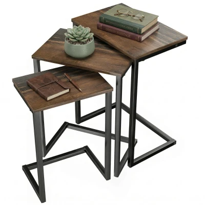 HOMCOM Nesting Coffee Table Set of 3, Stackable Rectangular End Tables with Wood-Effect Top, Metal Frame, Industrial & Rustic C-Shaped for Small Space, Living Room, Rustic Brown