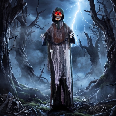 HOMCOM 5.6 ft Animated Grim Reaper, Life-Size Halloween Animatronic with Moving Hands/Head, Glowing Eyes, Creepy Sound