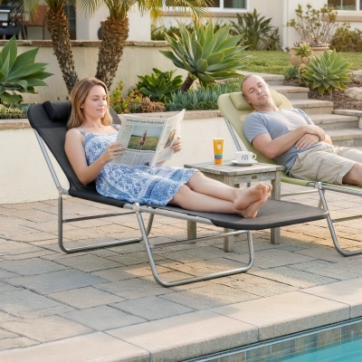 Outsunny Outdoor Lounge Chair, Portable Adjustable Reclining Seat Folding Chaise Lounge Patio Camping Beach Tanning Chair Bed with Pillow, Black