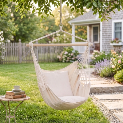 Outsunny Hammock Chair Swing Hanging Macrame Chair Cotton w/ Two Soft Seat Cushions, for Bedroom Indoor Outdoor Ideal Gift for Kids Lover Birthday Present White