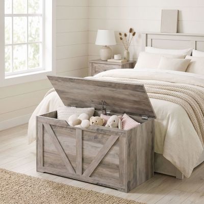 HOMCOM 31.5 Inches Storage Chest, Storage Trunk with Safety Hinge for Living Room, Grey Wood Grain
