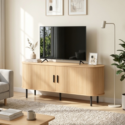 HOMCOM TV Stand for TVs up to 60", Modern Entertainment Center with Curved Sliding Doors, Natural Wood