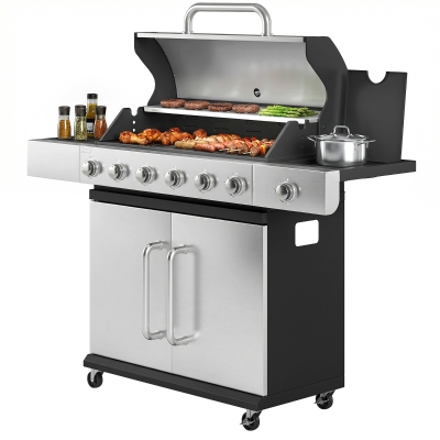Outsunny 6 Burner Propane Gas Grill with Side Burner & Cabinet