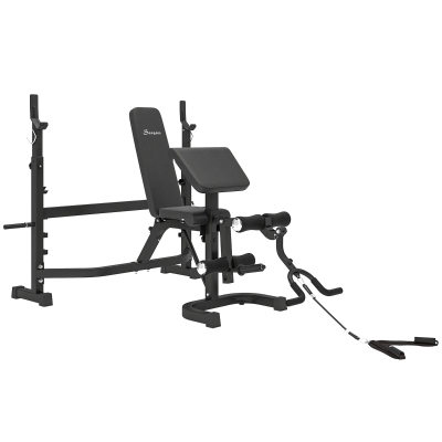 Soozier Weight Bench Stand with Squat Rack, Adjustable Olympic Bench, Multifunctional Arm Curl Pad, Leg Extension, Grey
