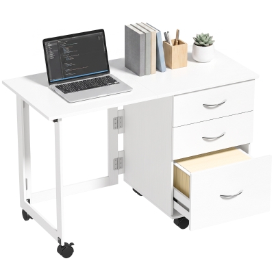 HOMCOM Computer Desk Foldable Top Office Desk 3 Drawers, 4 Lockable Wheels, White Wood Grain