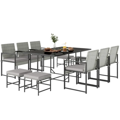 Outsunny 11 Pieces Wicker Patio Dining Set, Rattan Outdoor Furniture Set with 6 Armchairs, 4 Stools, Light Grey