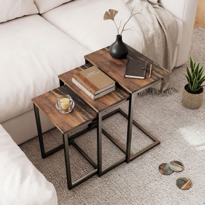 HOMCOM Nesting Coffee Table Set of 3, Stackable Rectangular End Tables with Wood-Effect Top, Metal Frame, Industrial & Rustic C-Shaped for Small Space, Living Room, Rustic Brown