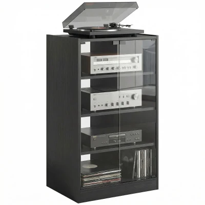HOMCOM 5-Tier AV Media Stand with Push to Open Glass Doors, Audio-Video Storage Cabinet with Adjustable Shelves for DVD Players, Games Consoles, Routers, Distressed Black