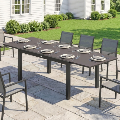 Outsunny Expandable Outdoor Dining Table, 55"-95" Patio Table with Tempered Glass Top and Aluminum Frame, Black