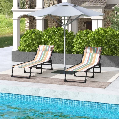 Outsunny 2 Folding Chaise Lounge Chairs, 4-Position, Striped Mesh